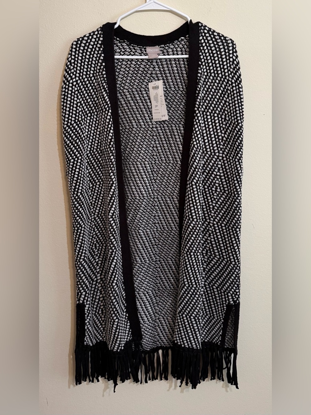 Chico's Black and White Fringe Open-Front Sleeveless Cardigan L Petite